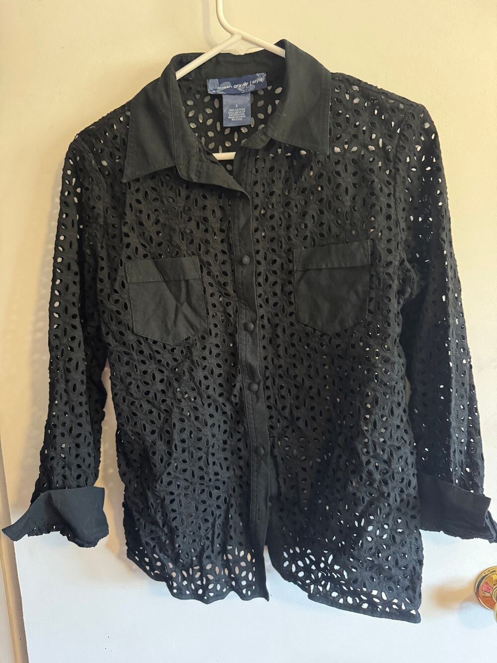 Susan Graver Black Floral Eyelet Cotton Button Front Shirt Small Sheer Blouse